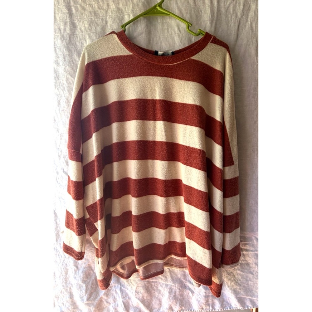Rae Mode Striped Tunic Top Womens Large Oversized Rust Cream Long Sleeve